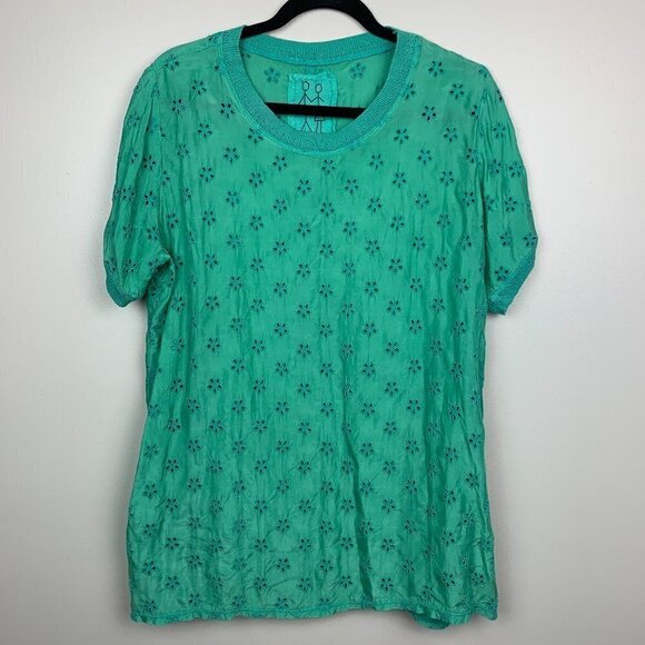 Johnny Was Silk Eyelet Green Oversized Short Sleeve Top - Picture 1 of 6